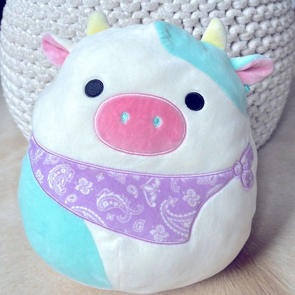 SQUISHMALLOWS 12” Belana COW White & Blue with Purple Bandana